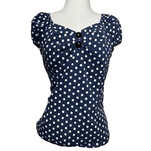 Y2K Navy Blue Polka Dot Sweetheart Puff Sleeve Rockabilly Top XL Retro Pinup
